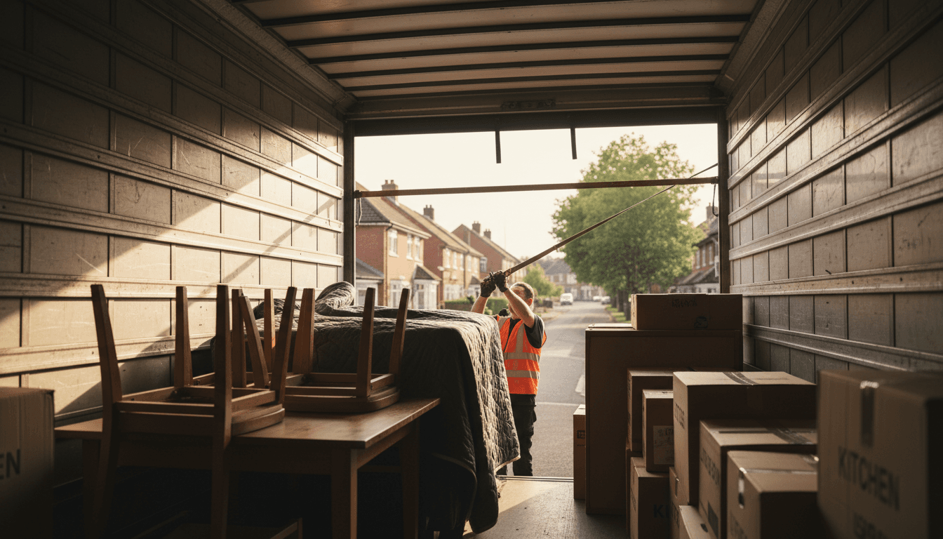 Removal truck cargo bay packed with organized furniture and boxes, worker securing load with straps for transport