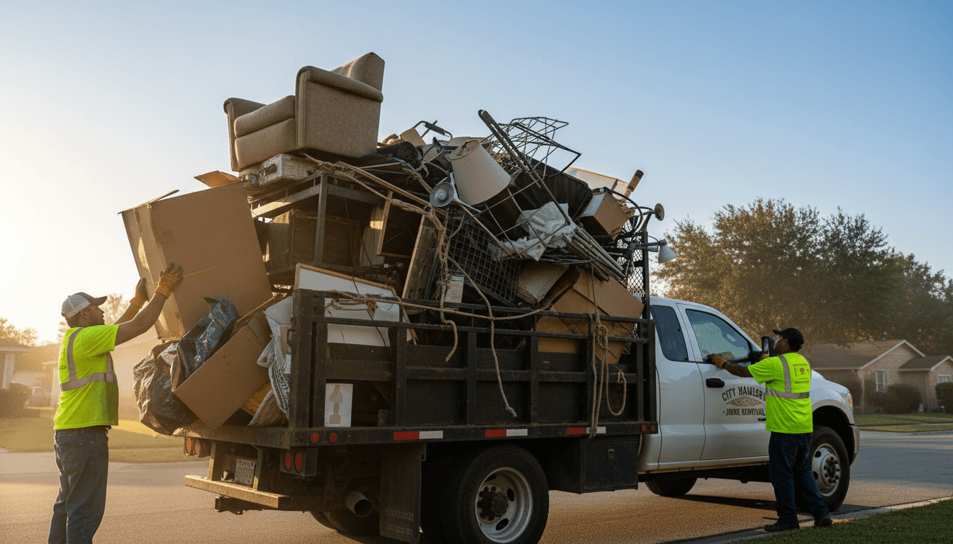Fully loaded junk removal truck with workers in safety vests during morning light in residential neighborhood